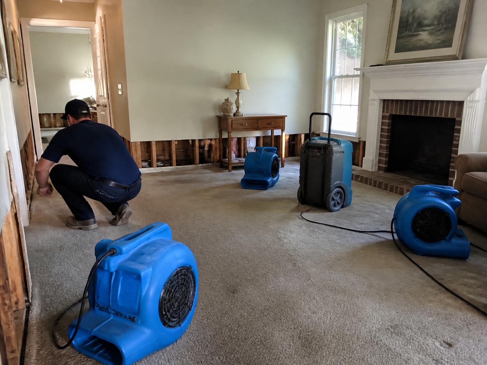 Representative water mitigation equipment with air movers and a dehumidifier